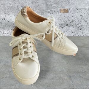 H&M White Gold Women Snakeskin Low Top Drawstring Sneaker Leather SZ 8.5